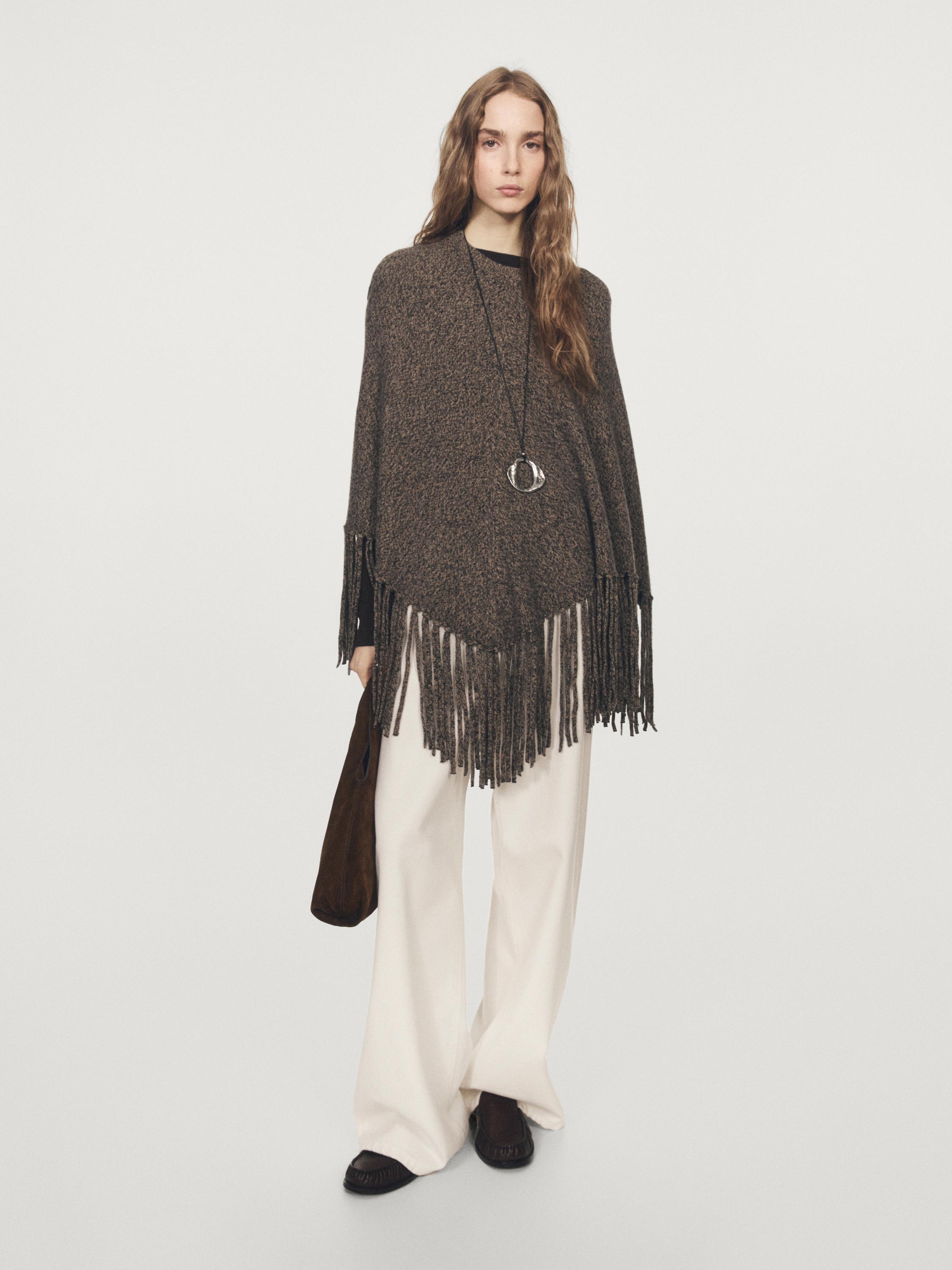 Wool blend mouliné knit cape with fringing
